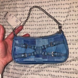 Y2K Denim Mini Shoulder Bag Blue Patchwork Chain Strap NWT